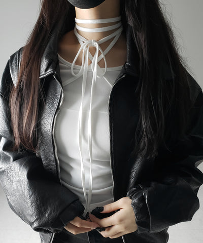 クロスストラップロングチョーカーリボントップス / cross strap long choker ribbon tops