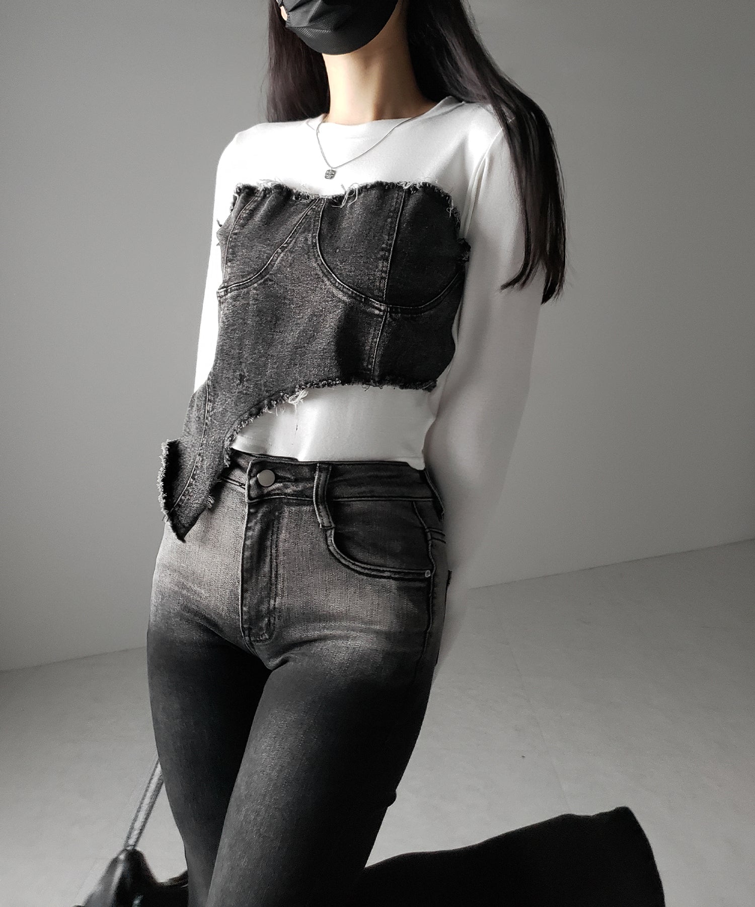 【 2color 】ダメージデニムビスチェドッキングTシャツ / damage denim bustier docking Tee