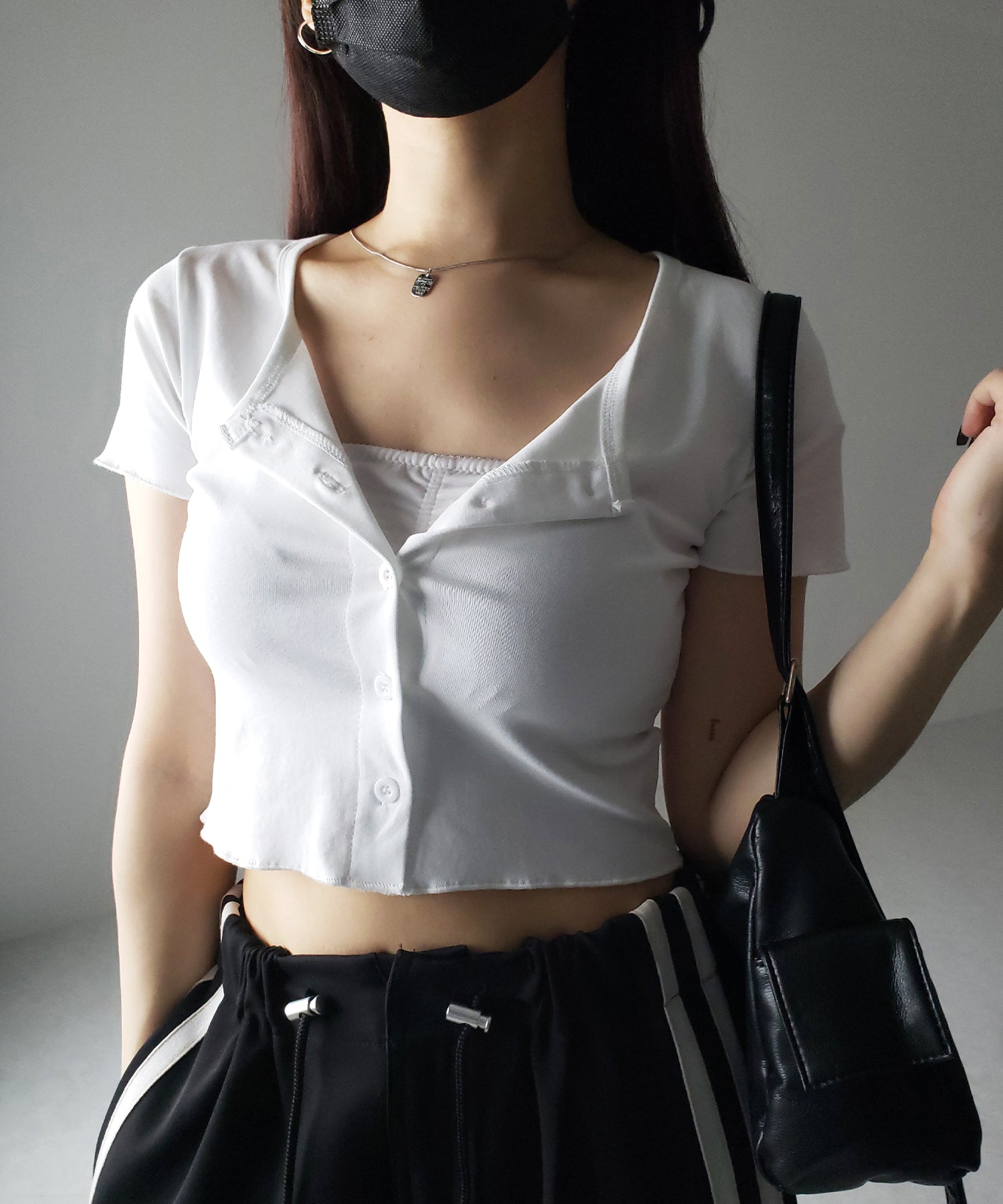 【 3color 】フロントボタン半袖メローショートTシャツ / front button mellow short Tee
