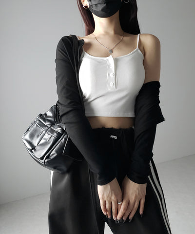 【 カップ付き 】フロントボタンヘンリーネックショートリブキャミソール / front button henry neck short rib camisole