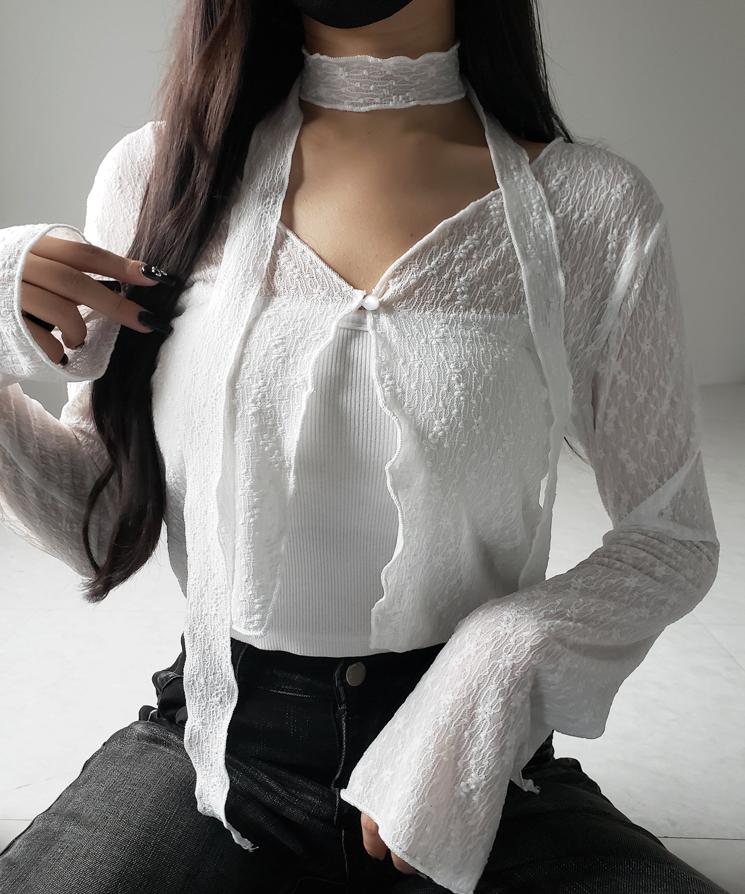 【 2color / 2WAY 】チョーカーロングタイ付きショートシアーカーディガン / choker long tie set short sheer cardigan