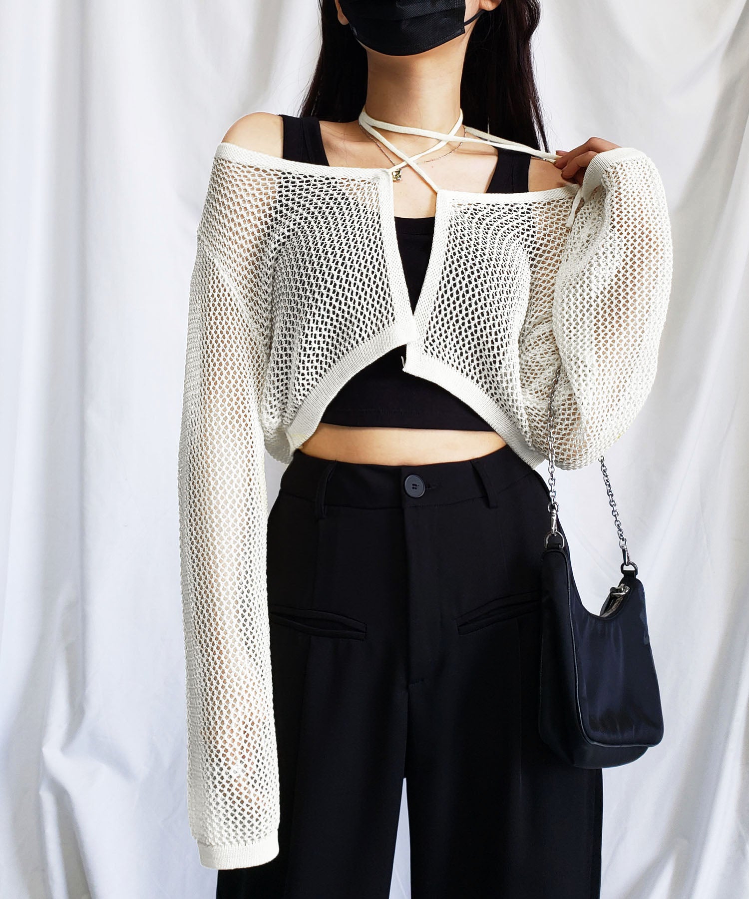 【 2WAY/6color 】華奢リボンメッシュワイドショートカーディガン