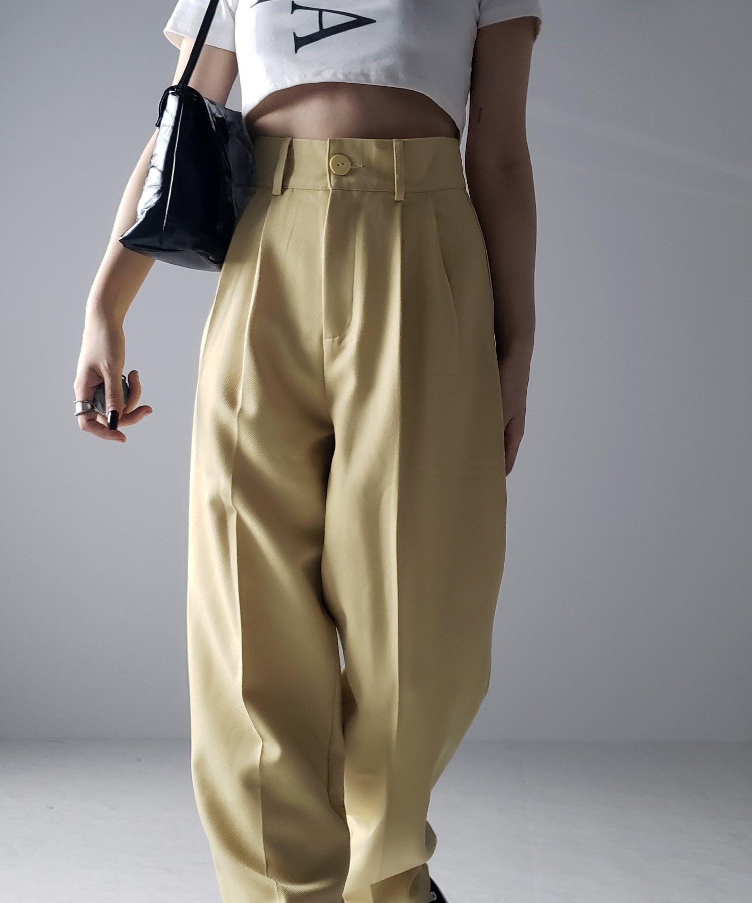 【 秋冬素材で新登場! 】太ベルトハイウエストウールライクカラータックスラックス