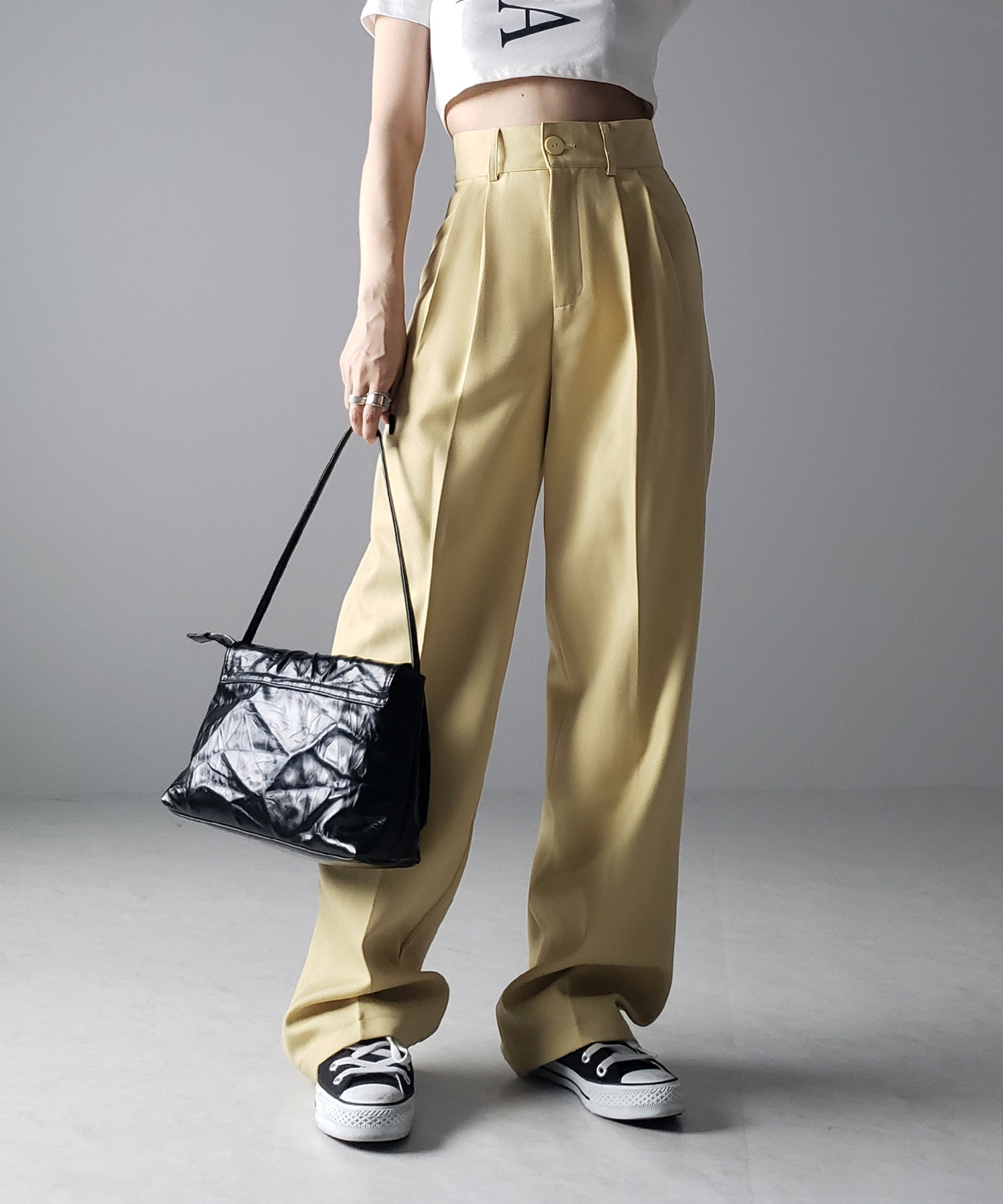 【 秋冬素材で新登場! 】太ベルトハイウエストウールライクカラータックスラックス