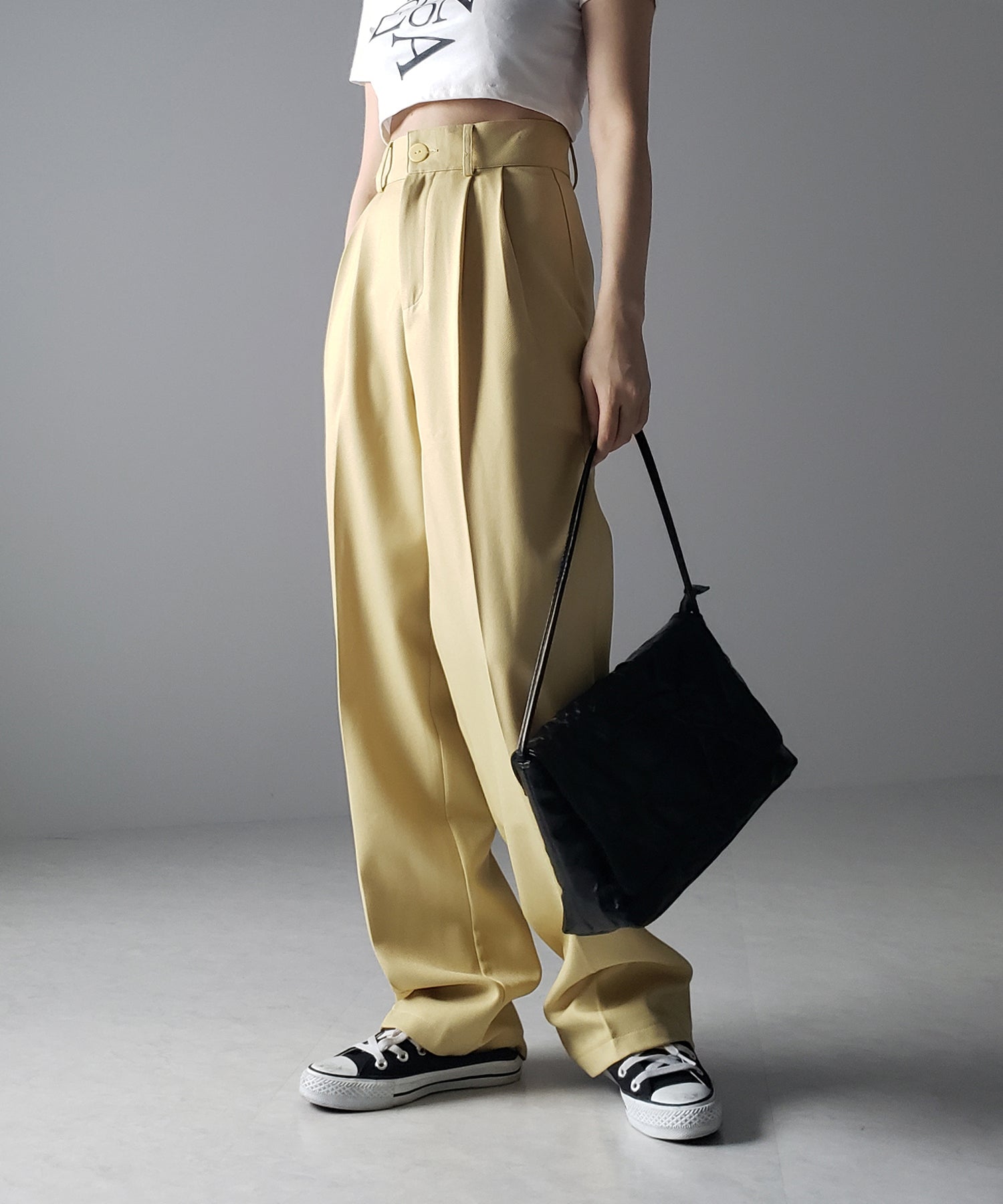 【 秋冬素材で新登場! 】太ベルトハイウエストウールライクカラータックスラックス