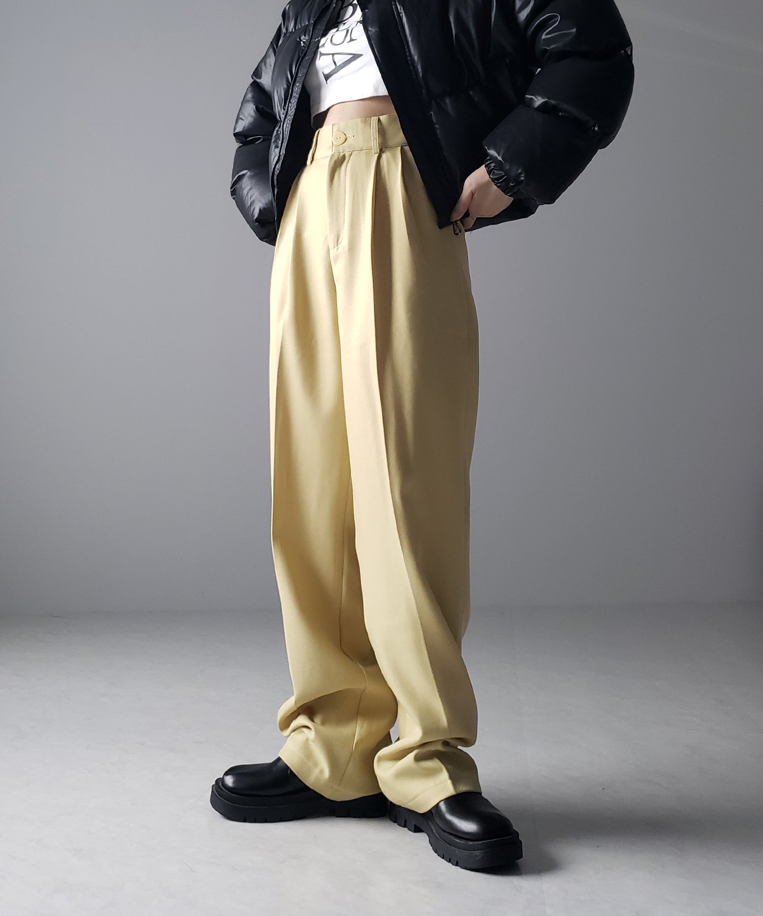 【 秋冬素材で新登場! 】太ベルトハイウエストウールライクカラータックスラックス