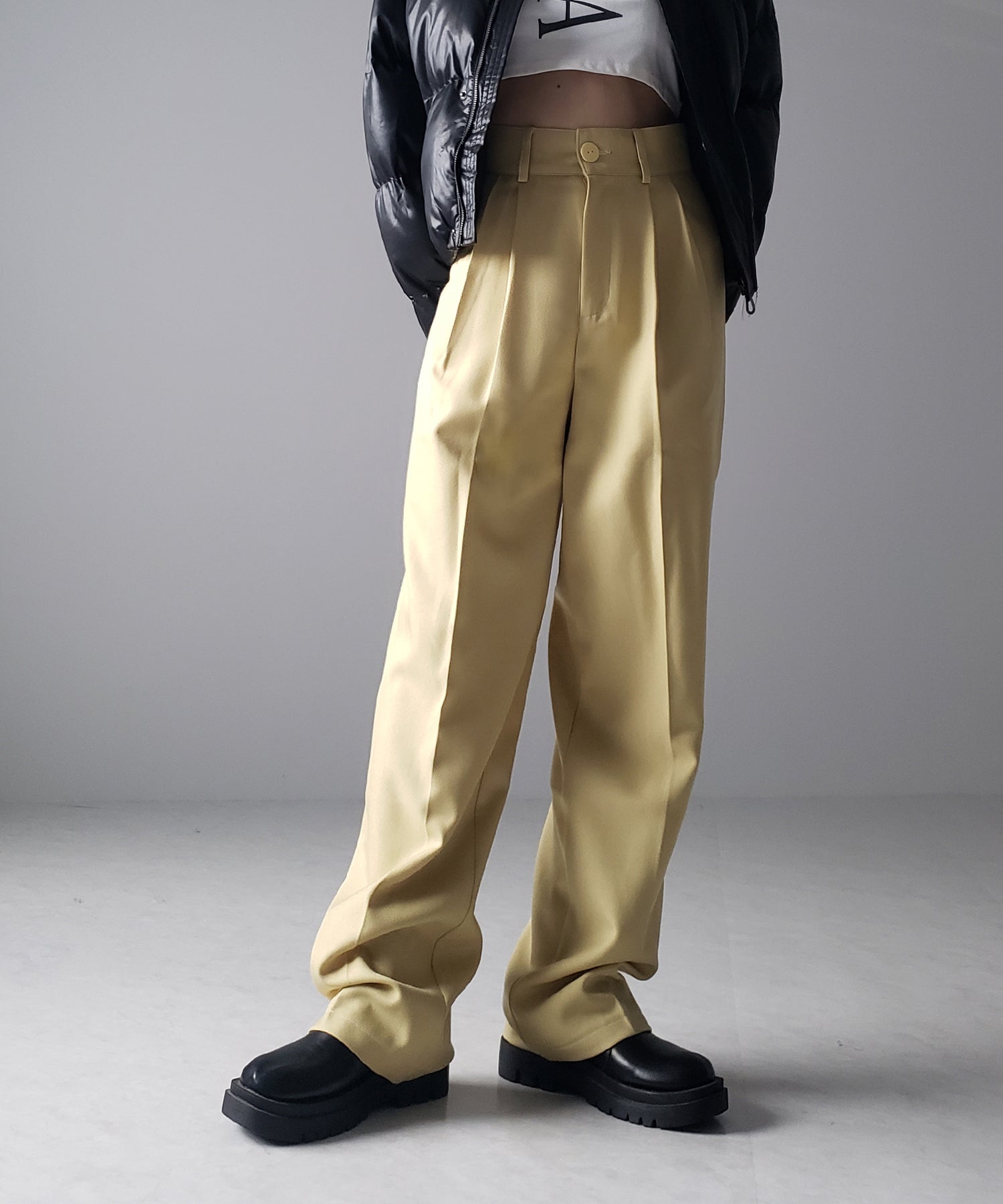 【 秋冬素材で新登場! 】太ベルトハイウエストウールライクカラータックスラックス