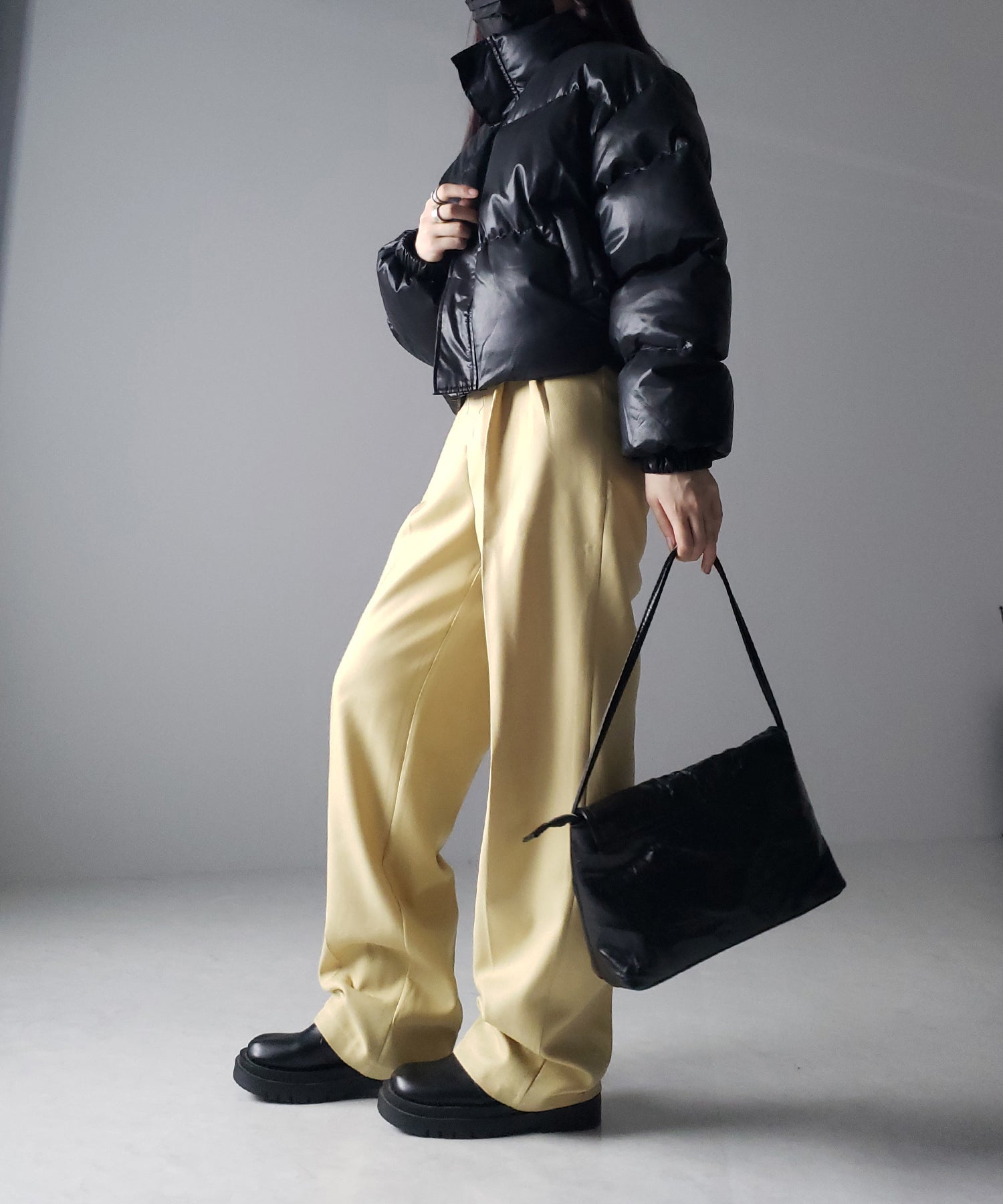 【 秋冬素材で新登場! 】太ベルトハイウエストウールライクカラータックスラックス