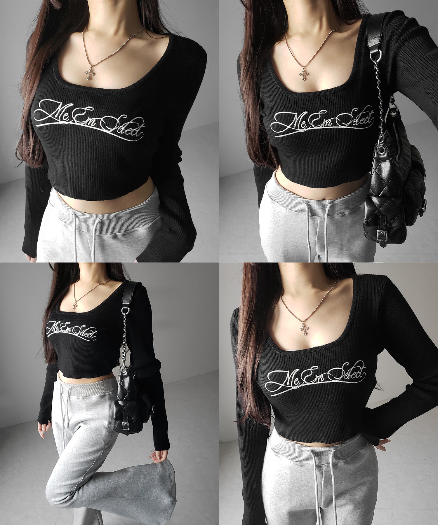 レタリングロゴ刺繍スクエアネックショートリブニットトップス / lettering logo embroidery square neck short rib knit tops