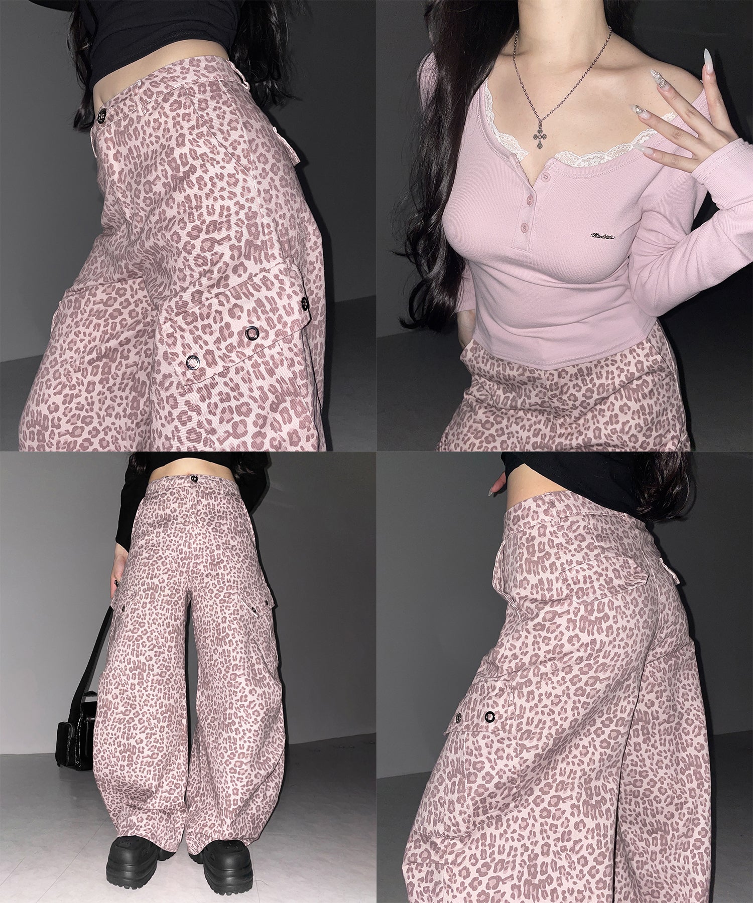 ヴィンテージライクピンクレオパードバレルカーゴパンツ / vintage like pink leopard barrel cargo pants
