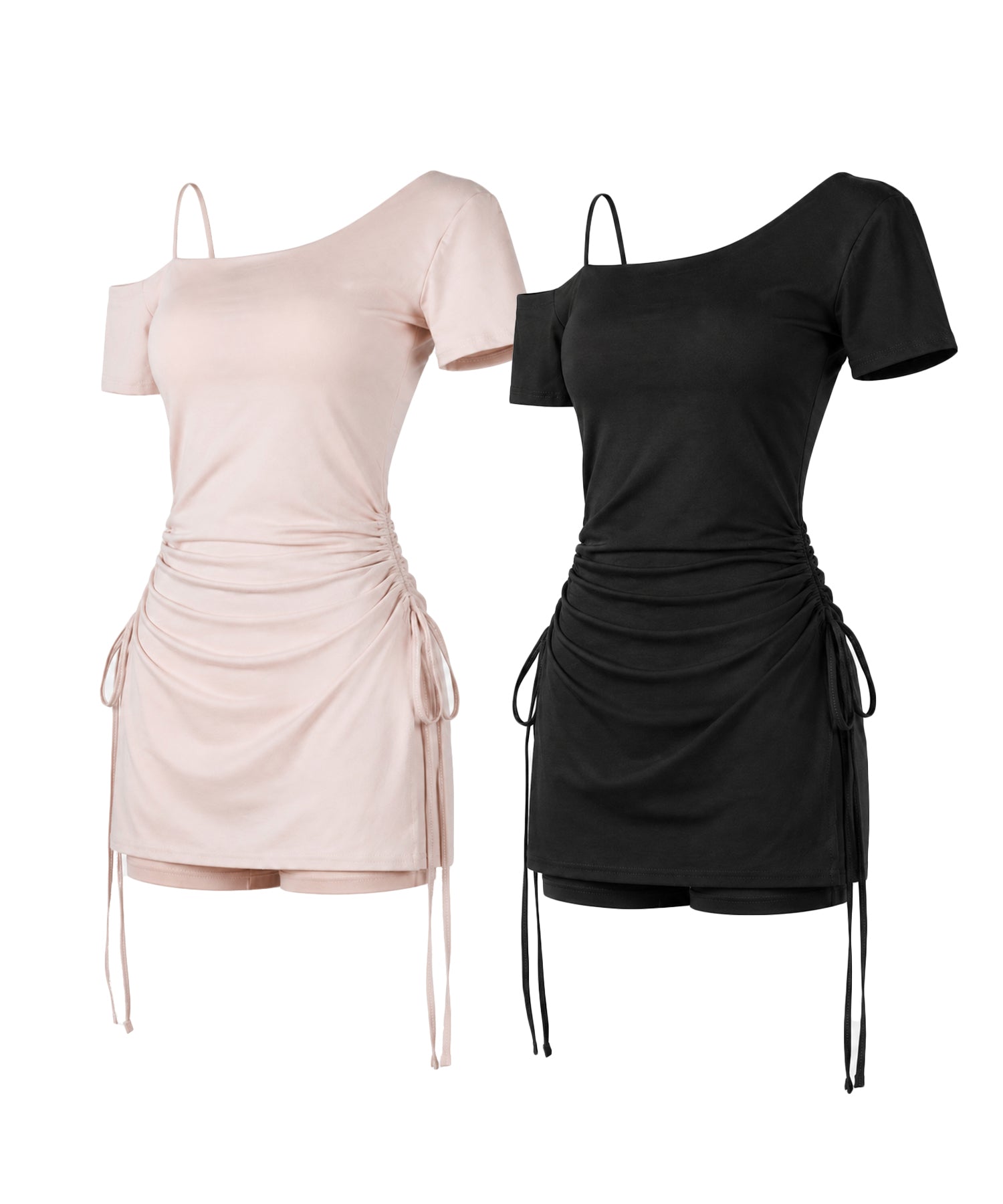 【 セットアップ 】ダブルシャーリングリボンワンショルミニワンピ+ショートパンツ SET / 【 SETUP 】double shirring ribbon one-Shoulder mini onepiece + short pants SET