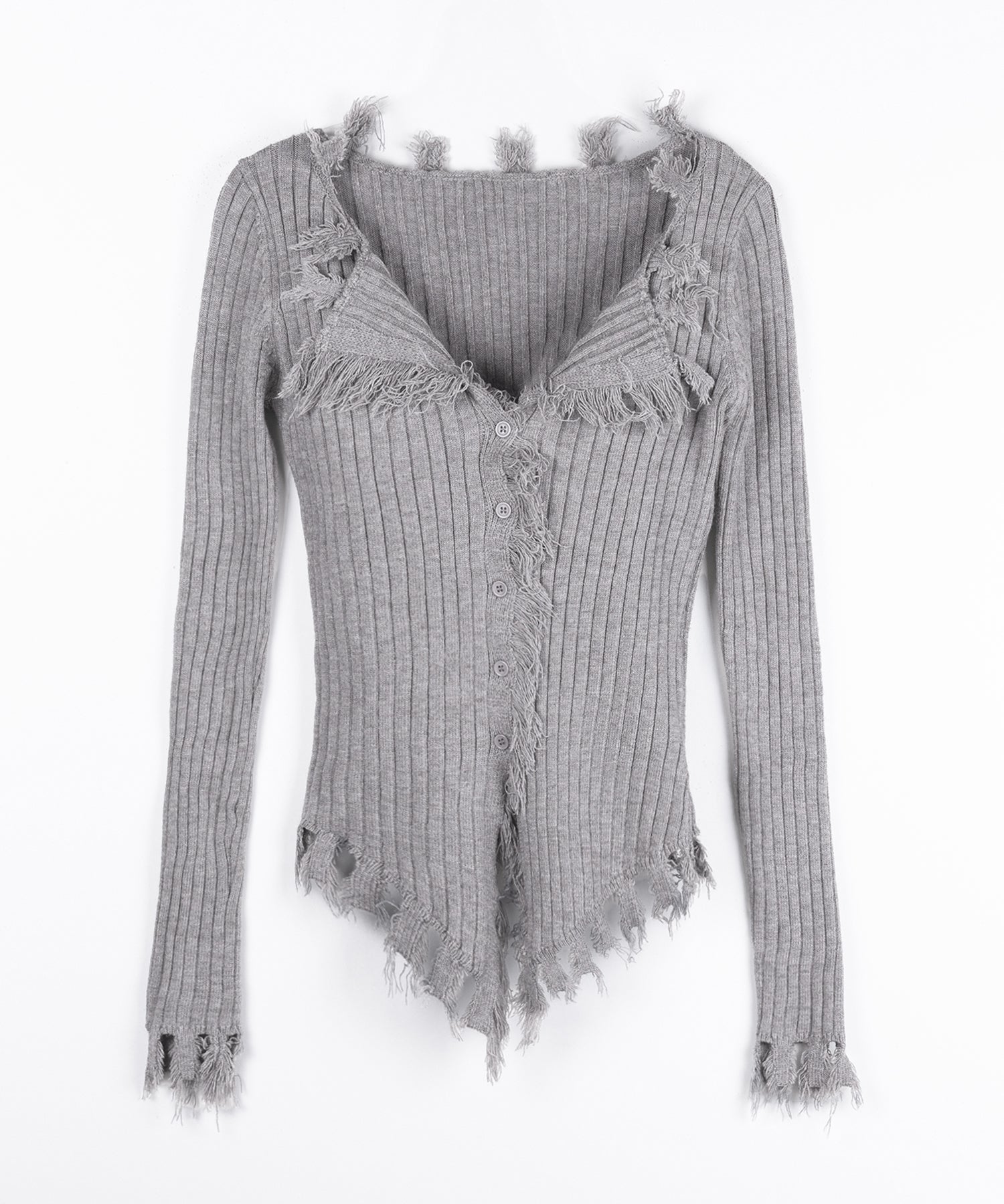 ダメージフリンジリブニットスリムカーディガン / damage fringe rib knit slim cardigan