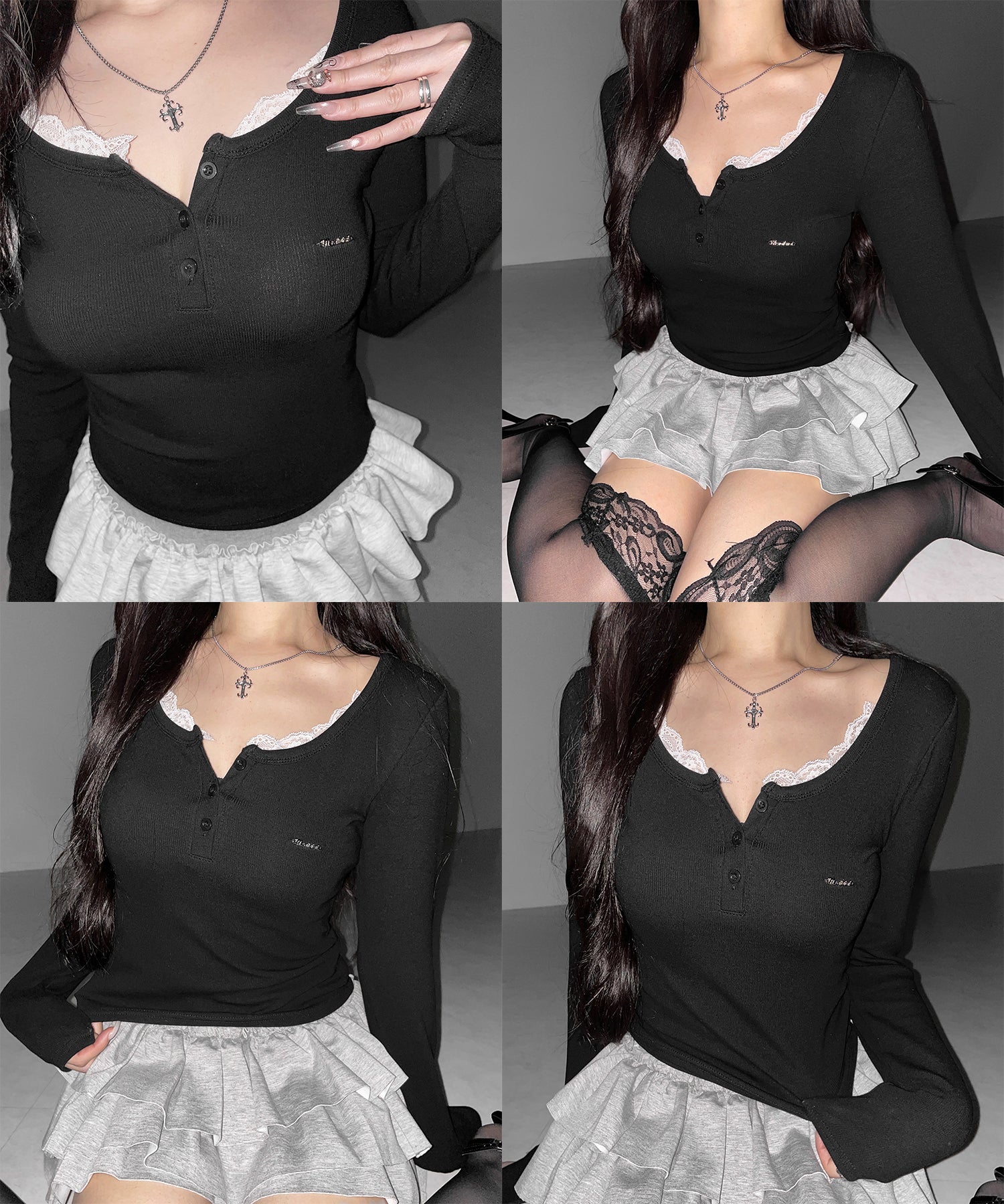 ヘンリーネックロゴプレートレースリブトップス / henley neck logo plate lace ribbed tops