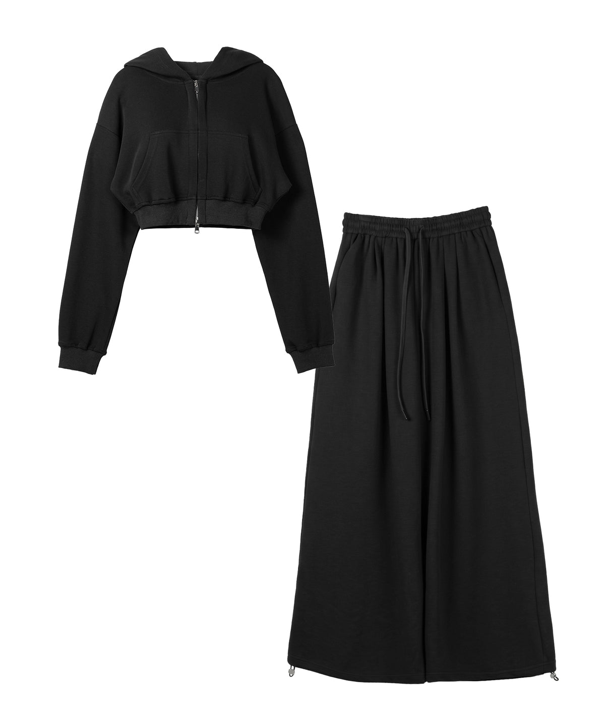 【 セットアップ 】ダブルジップショートパーカー + タックワイドスウェットパンツ SET / double zip short hoodie + tuck wide sweat pants SET