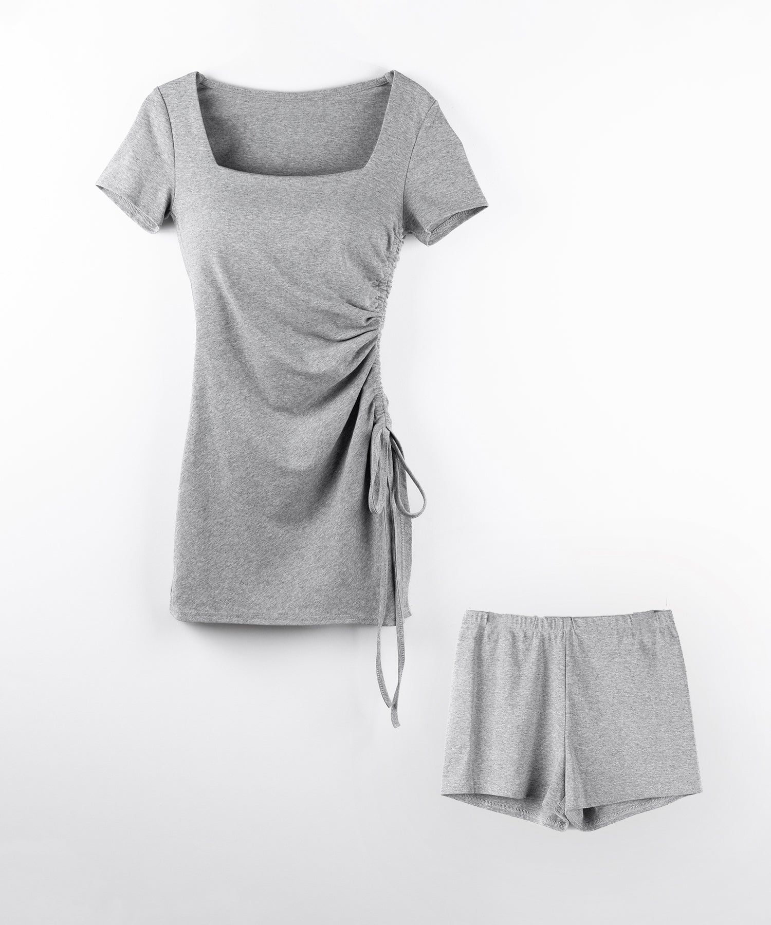 【 2点セット 】スクエアネックサイドシャーリングミニワンピース&インナーショートパンツ ワンホンセットアップ / square neck side shirring mini onepiece & inner short pants wanghong SETUP