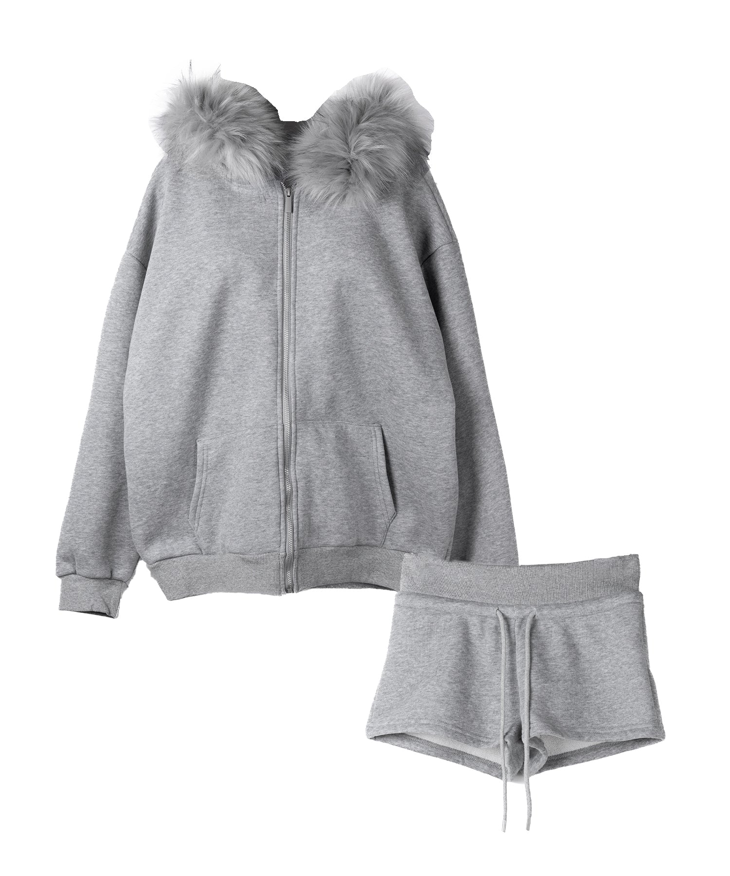【 セットアップ 】裏起毛ファーフードオーバージップパーカー&スウェットショートパンツ / Urakimo fur over zip hoodie & sweat short pants SETUP