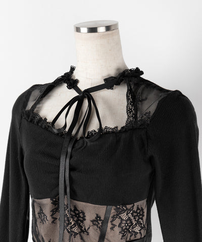 チョーカーネックリボンレーシーカットソートップス / choker neck ribbon lacy cutsaw tops