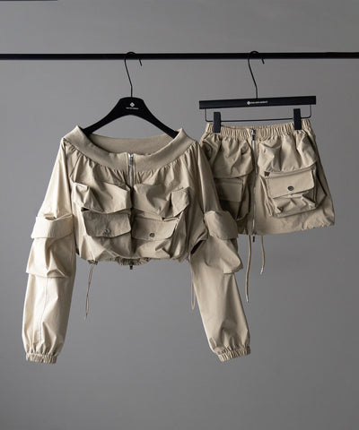 【 セットアップ 】アウトポケットオフショルカーゴブルゾン & ダブルジップカーゴミニスカート SET / out pocket off shoulder cargo blouson & double zip cargo mini skirt SET