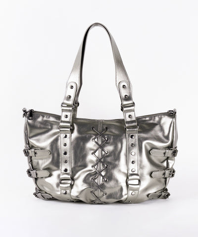 【 ショルダーストラップ付き2WAY 】レースアップベルテッドスタッズデザインヴィンテージショルダーバッグ / ( 2WAY ) laceup belted studs design vintage shoulder bag