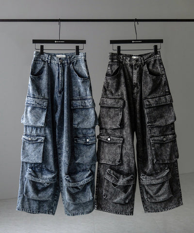 【 デニムセットアップ着用可能 】ヴィンテージケミカルブリーチヘビーワイドカーゴデニム / vintage chemical bleach heavy wide cargo denim