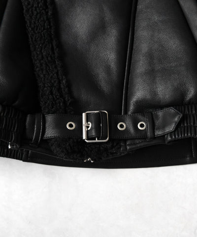 【 2color 】フェイクレザーベルテッドボアムートンジャケット / fake leather belted boa mouton jacket