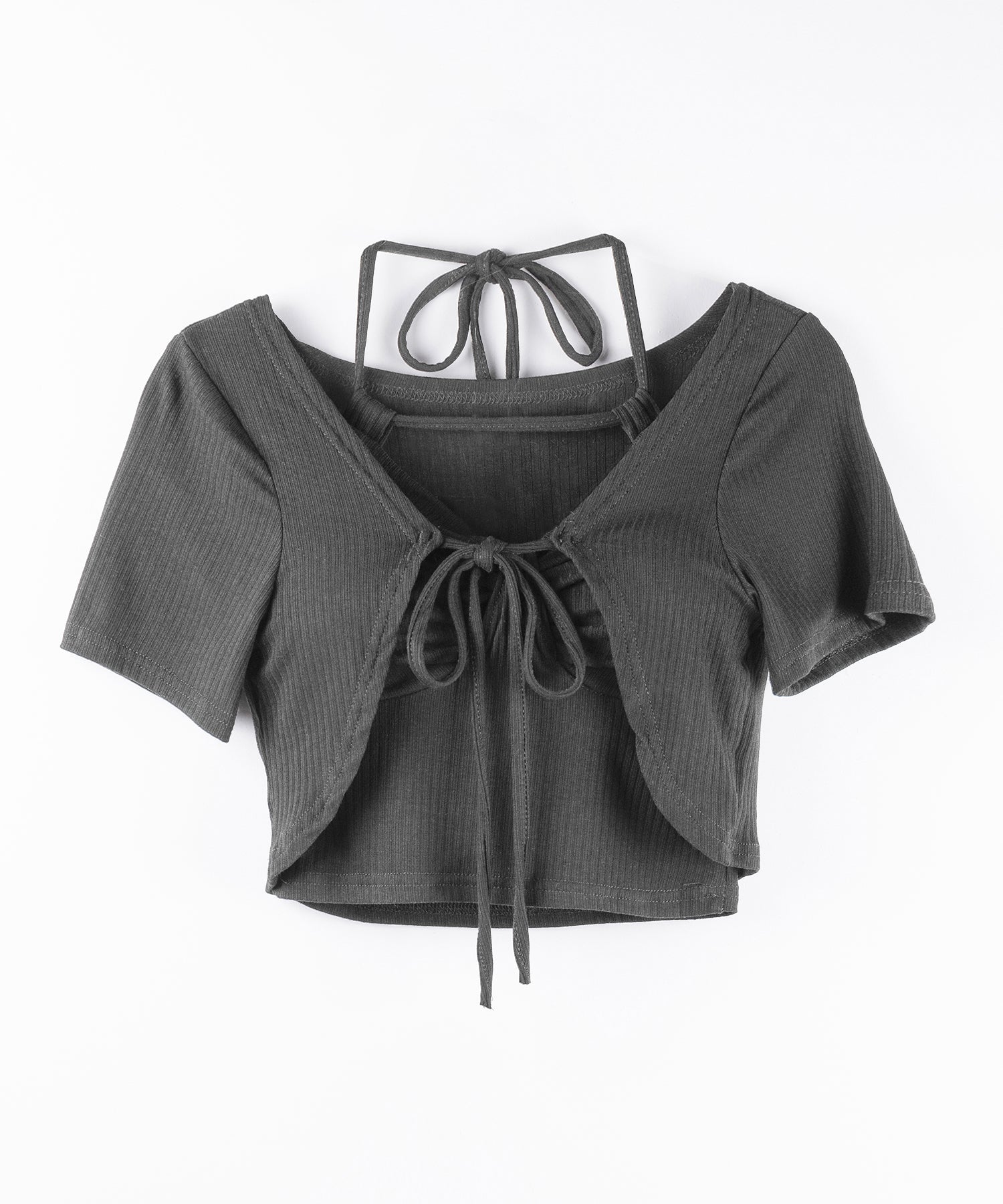 【 2点セット 】 2WAYストラップリブキャミソール + フロントリボンショートカーディガン SET / 2WAY strap lib camisole + front ribbon short cardigan