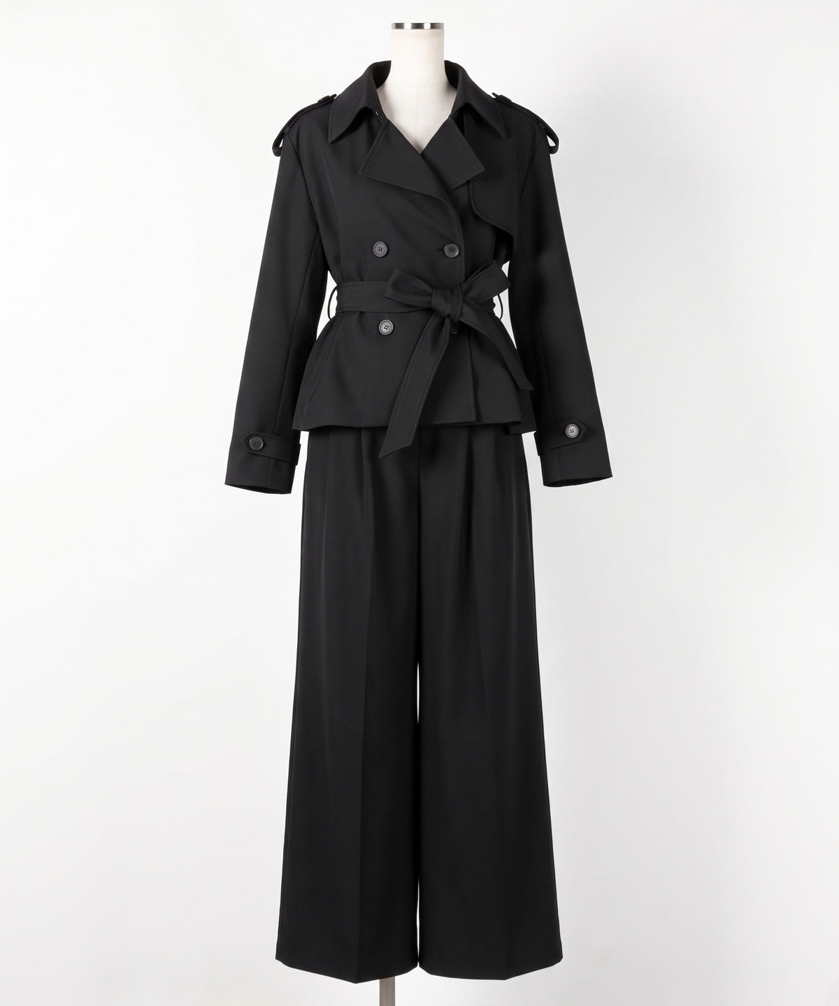 【 上下セットアップ 】ウエストマークショートトレンチコート + タックワイドスラックスパンツ SETUP / Waist-mark short trench coat + tuck wide slacks pants