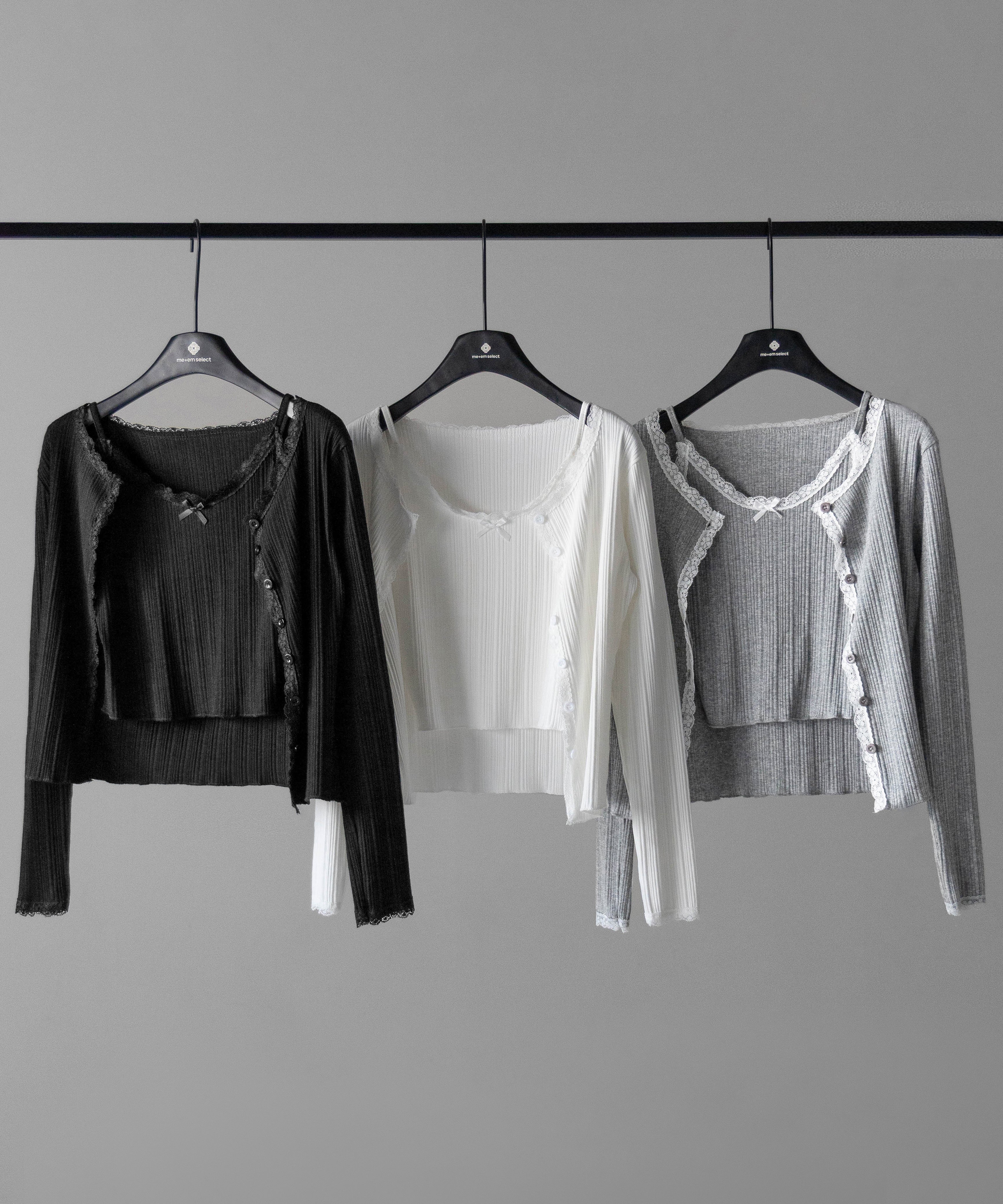 【 2点セット 】フロントリボンレース切替リブキャミソール + カーディガンセット /front ribbon lace lib camisole + cardigan SET