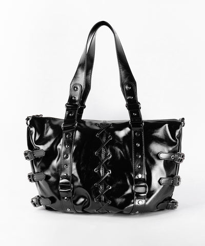 【 ショルダーストラップ付き2WAY 】レースアップベルテッドスタッズデザインヴィンテージショルダーバッグ / ( 2WAY ) laceup belted studs design vintage shoulder bag