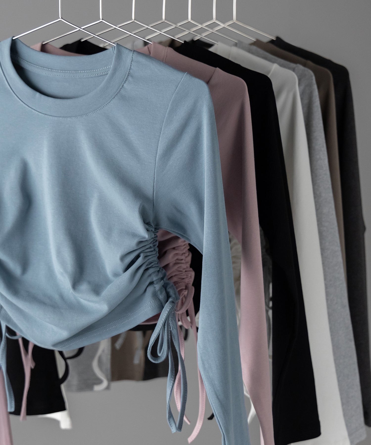【 7color / 3size 】サイドシャーリングリボンショート長袖Tシャツ