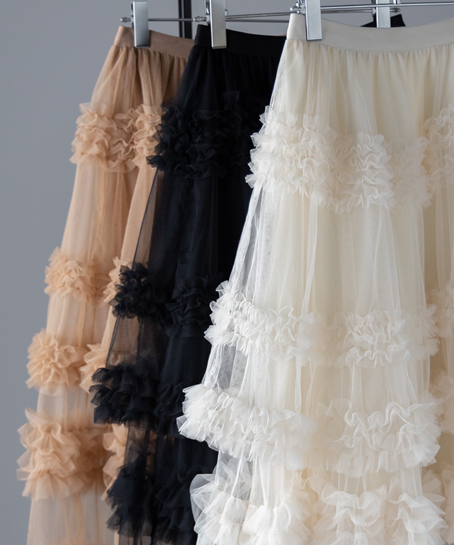 シアーフリルレイヤードボリュームチュールスカート