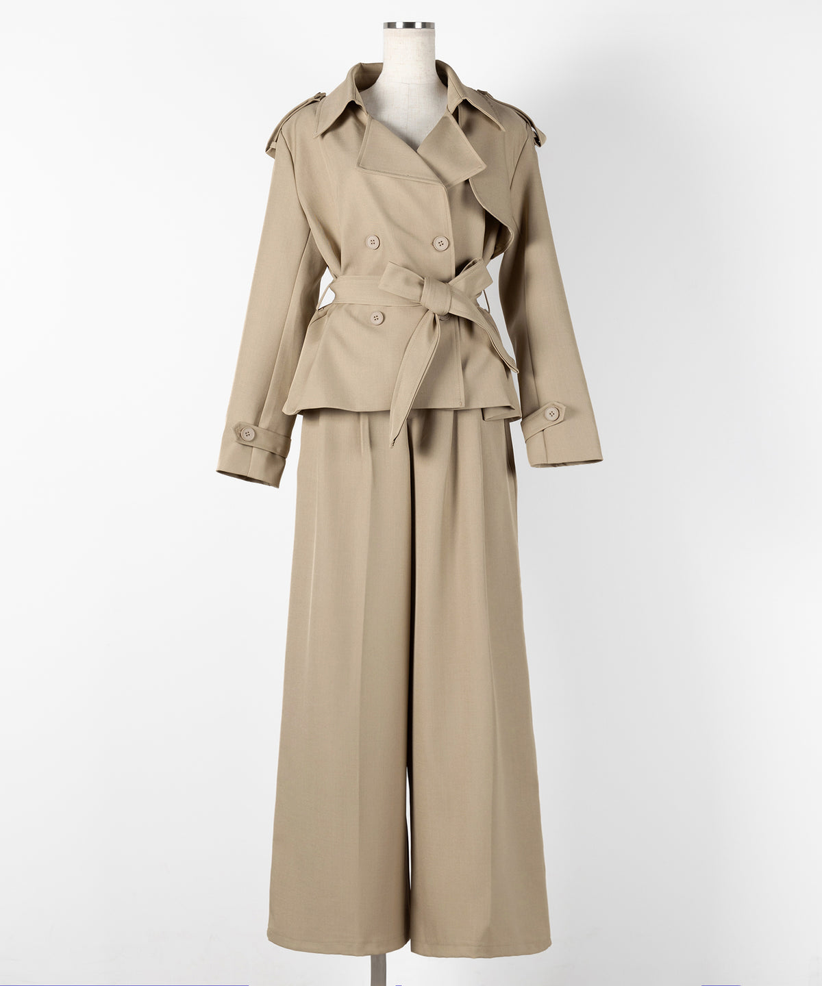 【 上下セットアップ 】ウエストマークショートトレンチコート + タックワイドスラックスパンツ SETUP / Waist-mark short trench coat + tuck wide slacks pants