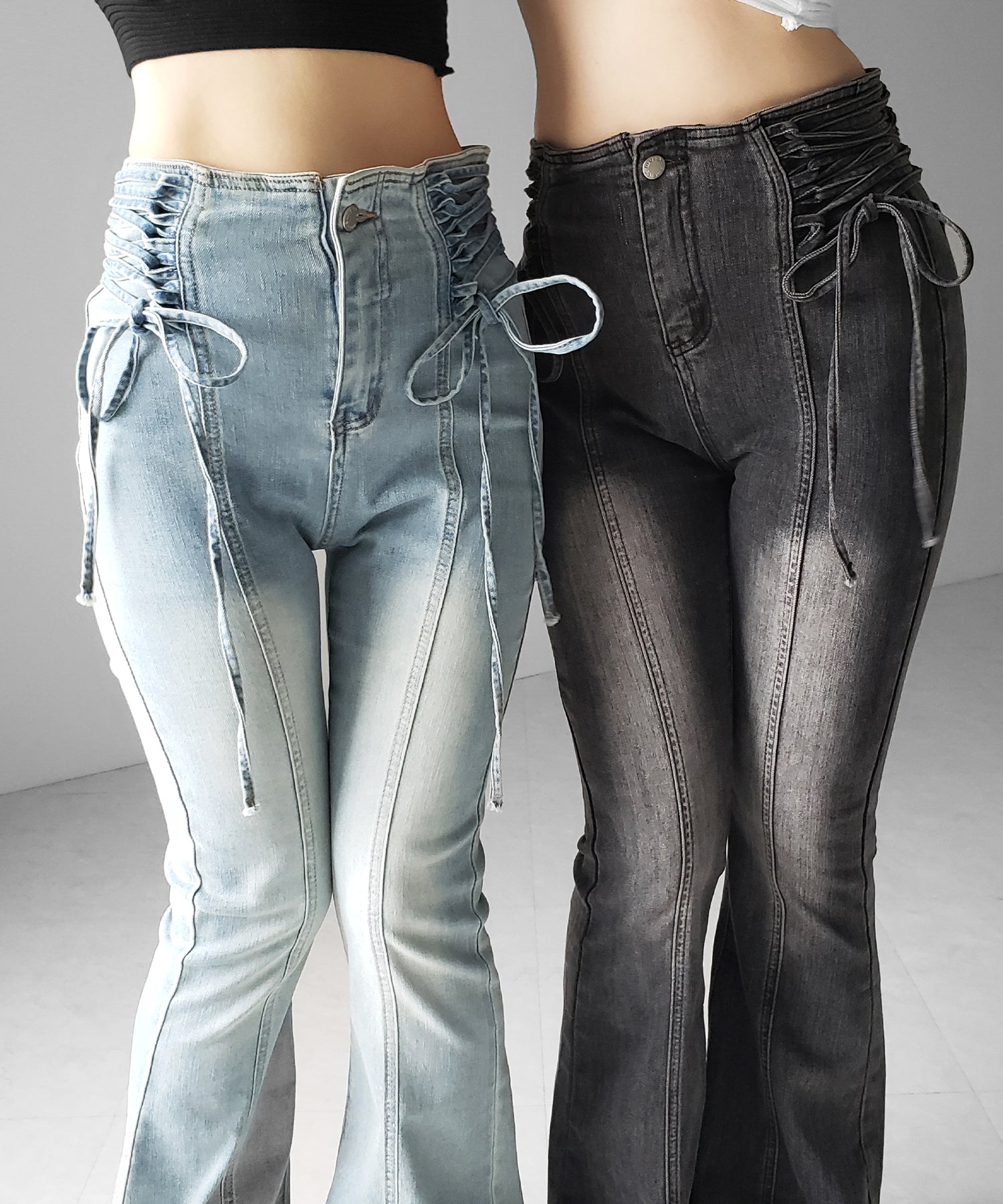サイドレースアップリボン美脚ストレッチフレアデニム / side laceup ribbon slim leg stretch flare denim