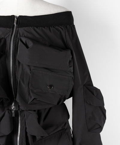 【 セットアップ 】アウトポケットオフショルカーゴブルゾン & ダブルジップカーゴミニスカート SET / out pocket off shoulder cargo blouson & double zip cargo mini skirt SET