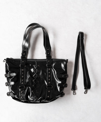 【 ショルダーストラップ付き2WAY 】レースアップベルテッドスタッズデザインヴィンテージショルダーバッグ / ( 2WAY ) laceup belted studs design vintage shoulder bag