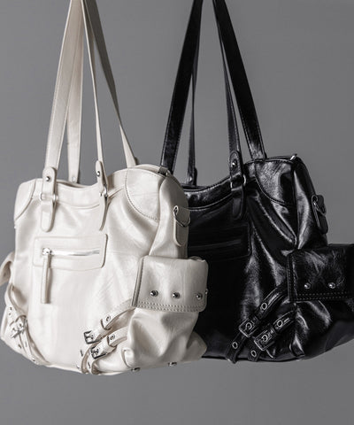 【 ショルダーストラップ付き2WAY 】ベルトデザインスタッズポケットヴィンテージショルダーバッグ / ( 2WAY ) belt design studs pocket vintage shoulder bag