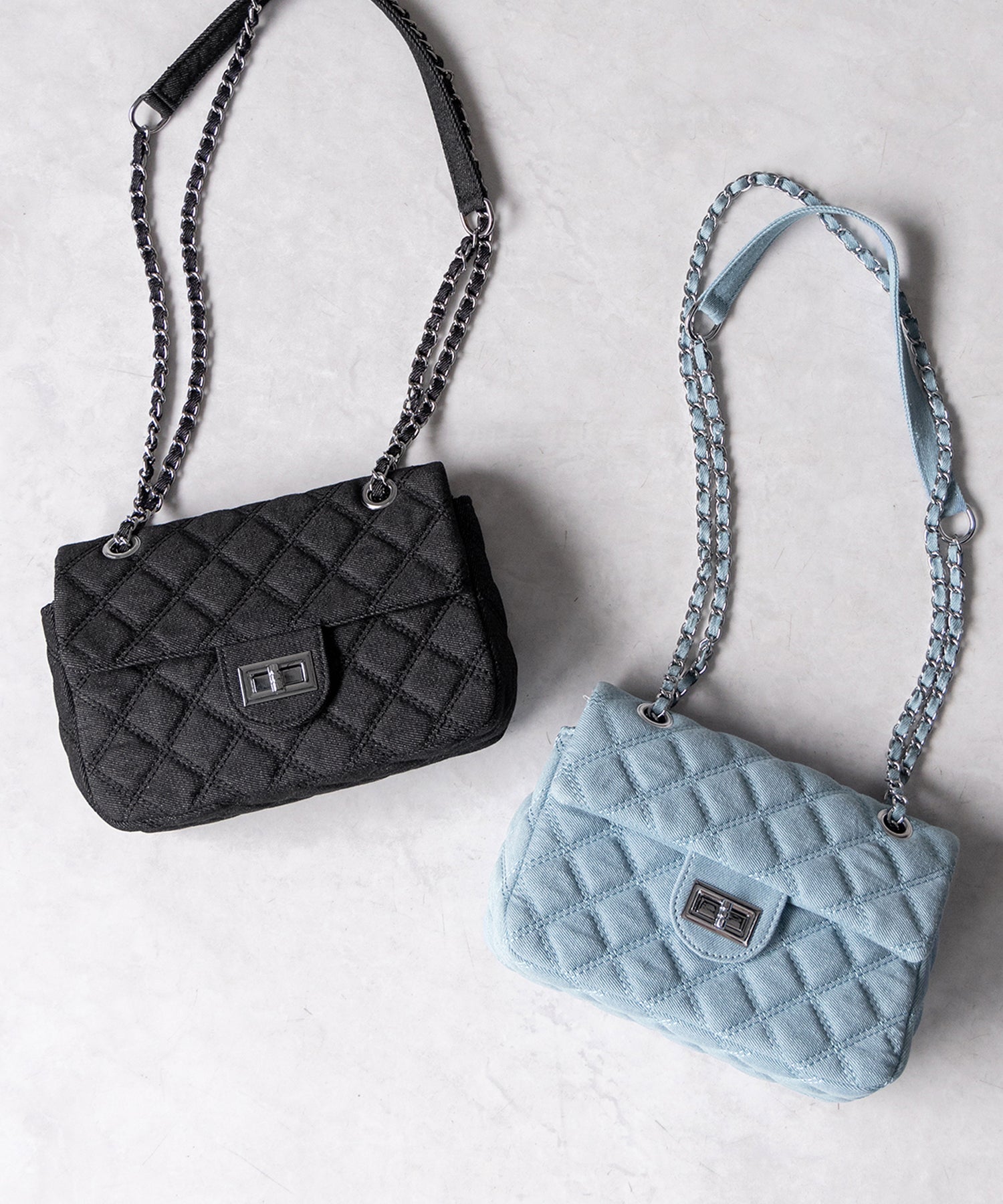 【2WAY 】キルティングチェーンデニムフラップショルダーバッグ / quilting chain denim flap shoulder bag