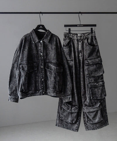 【 デニムセットアップ着用可能 】ヴィンテージケミカルブリーチヘビーワイドカーゴデニム / vintage chemical bleach heavy wide cargo denim