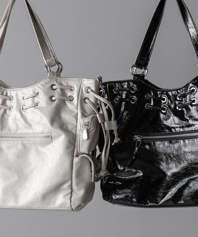 【 ショルダーストラップ付き2WAY 】ハトメデザインストリングアウトポケットヴィンテージショルダーバッグ / hatome design string outpocket vintage shoulder bag