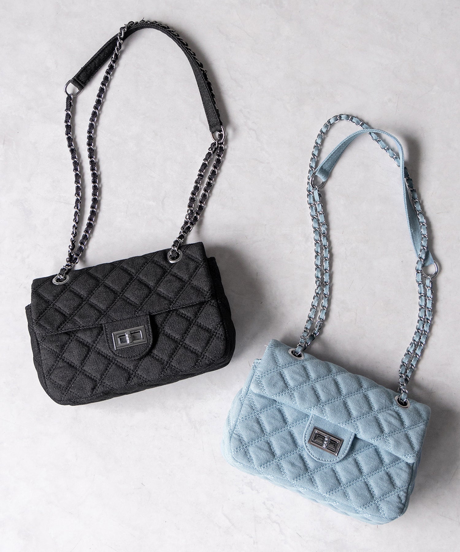 【2WAY 】キルティングチェーンデニムフラップショルダーバッグ / quilting chain denim flap shoulder bag