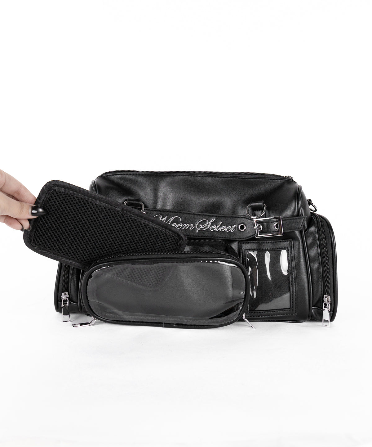 クリアポケット付きレタリング刺繍ショルダーバッグ / clear pocket lettering embroidery shoulder bag