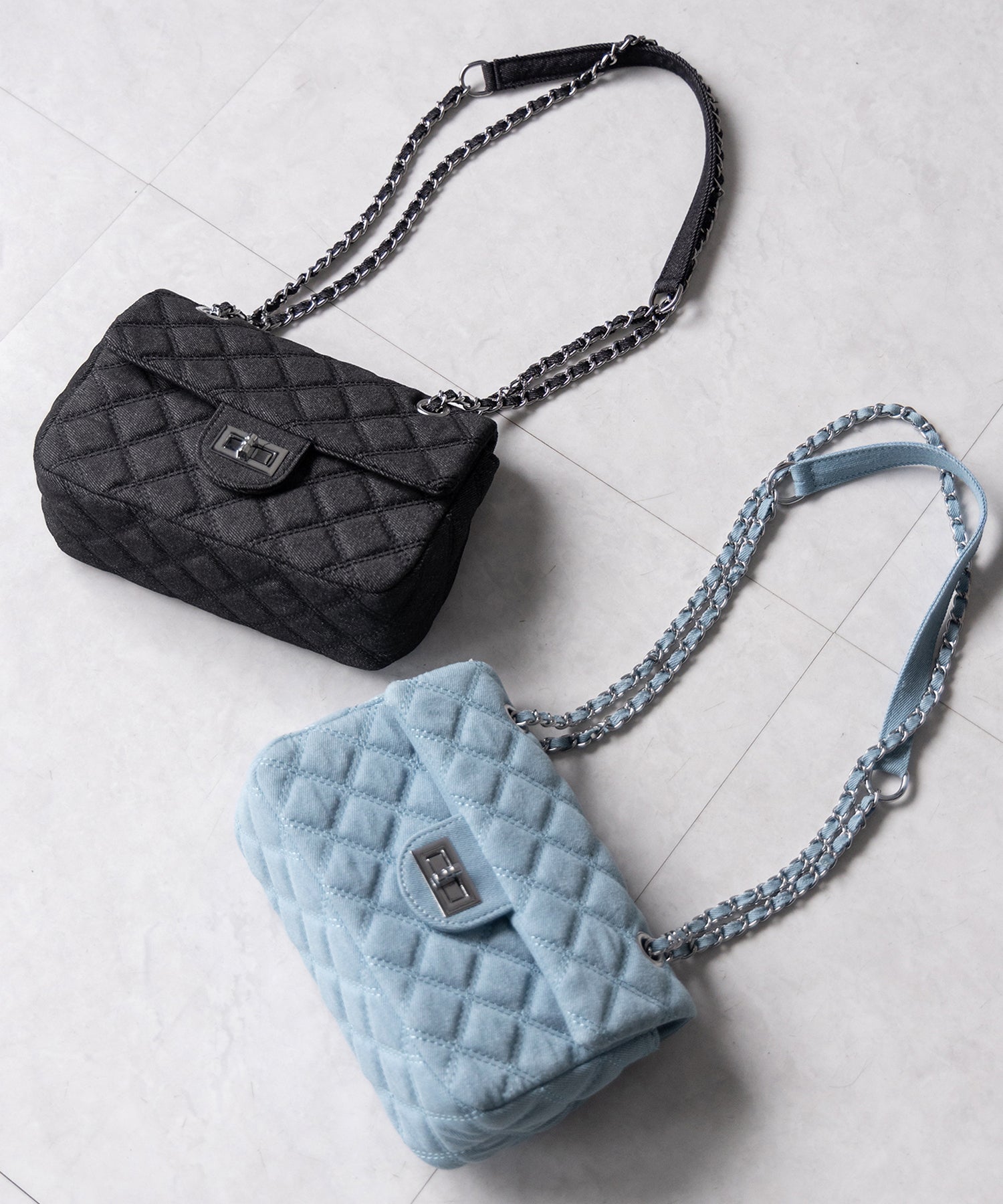 【2WAY 】キルティングチェーンデニムフラップショルダーバッグ / quilting chain denim flap shoulder bag