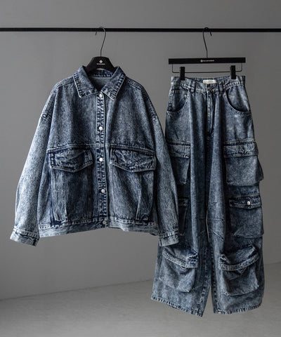 【 デニムセットアップ着用可能 】ヴィンテージケミカルブリーチヘビーワイドカーゴデニム / vintage chemical bleach heavy wide cargo denim