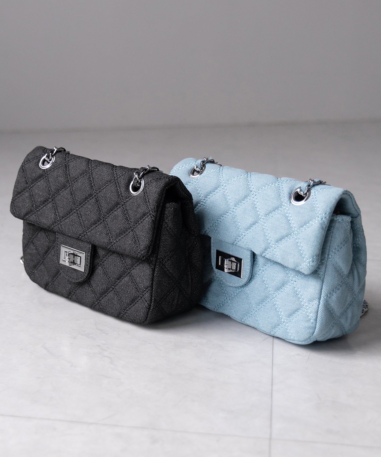 【2WAY 】キルティングチェーンデニムフラップショルダーバッグ / quilting chain denim flap shoulder bag