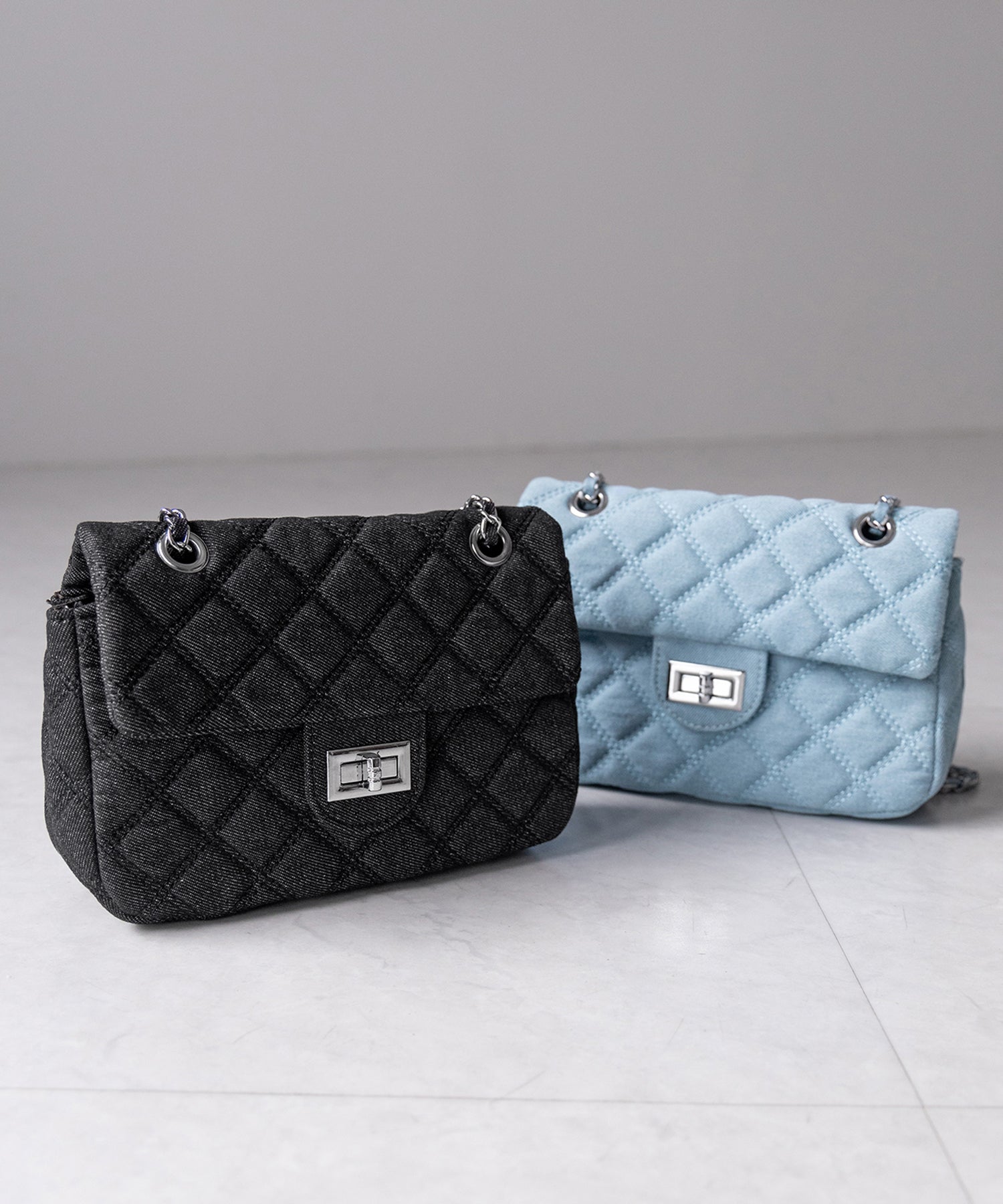 【2WAY 】キルティングチェーンデニムフラップショルダーバッグ / quilting chain denim flap shoulder bag