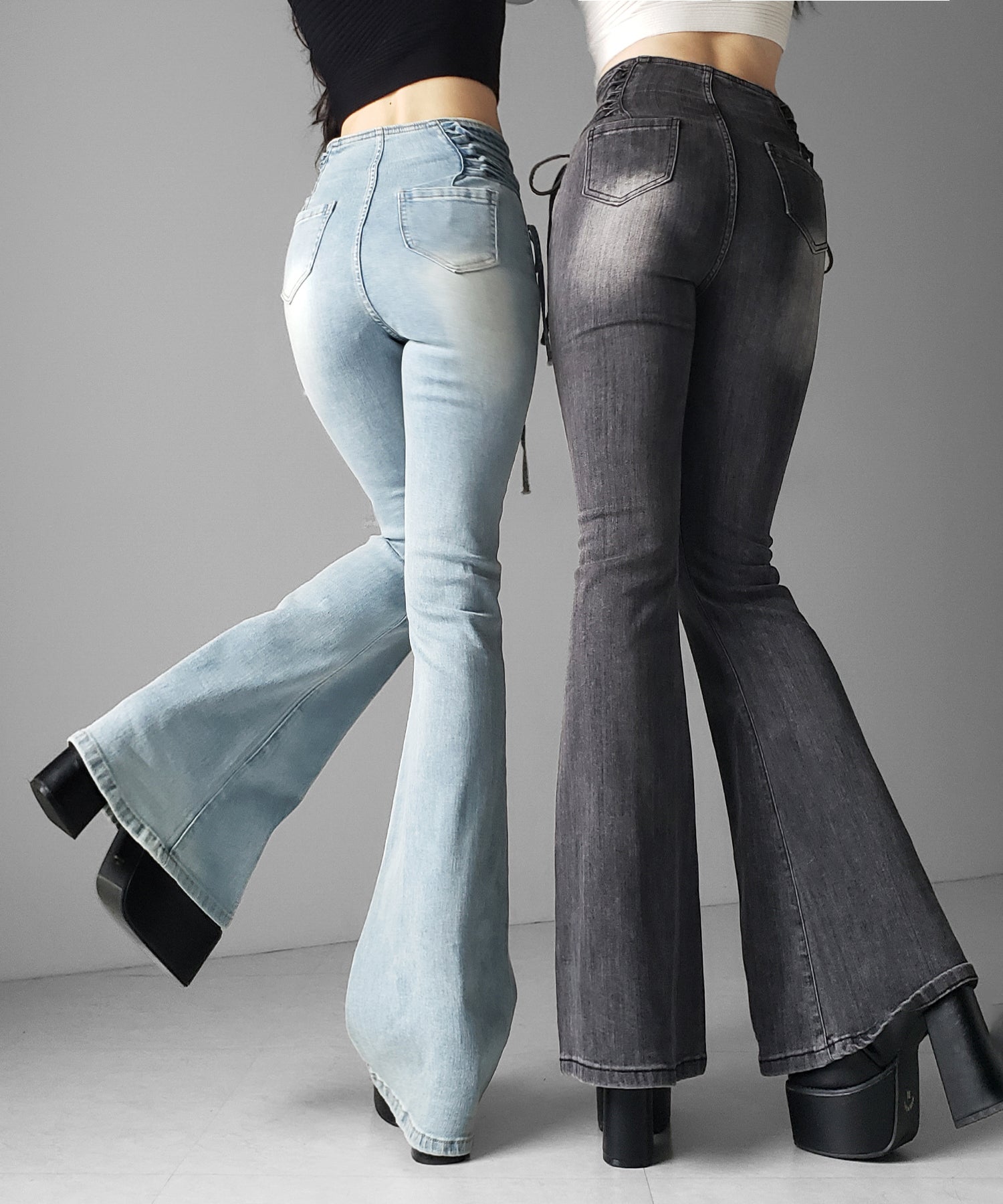 サイドレースアップリボン美脚ストレッチフレアデニム / side laceup ribbon slim leg stretch flare denim