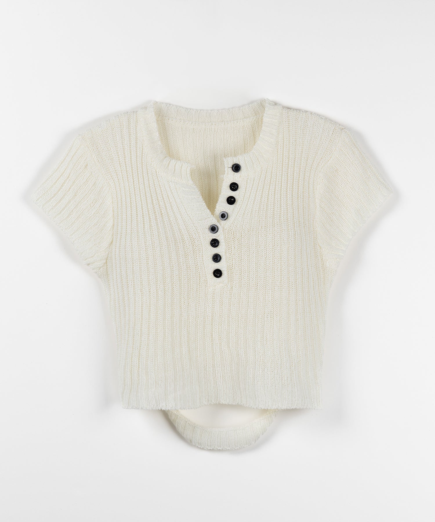 キーネックショートサマーリブニットトップス / Key neck short summer rib knit tops