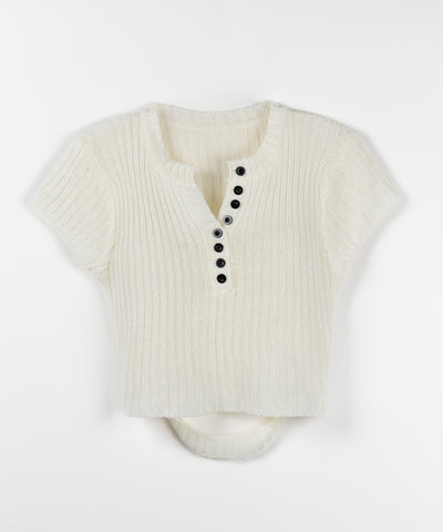 キーネックショートサマーリブニットトップス / Key neck short summer rib knit tops