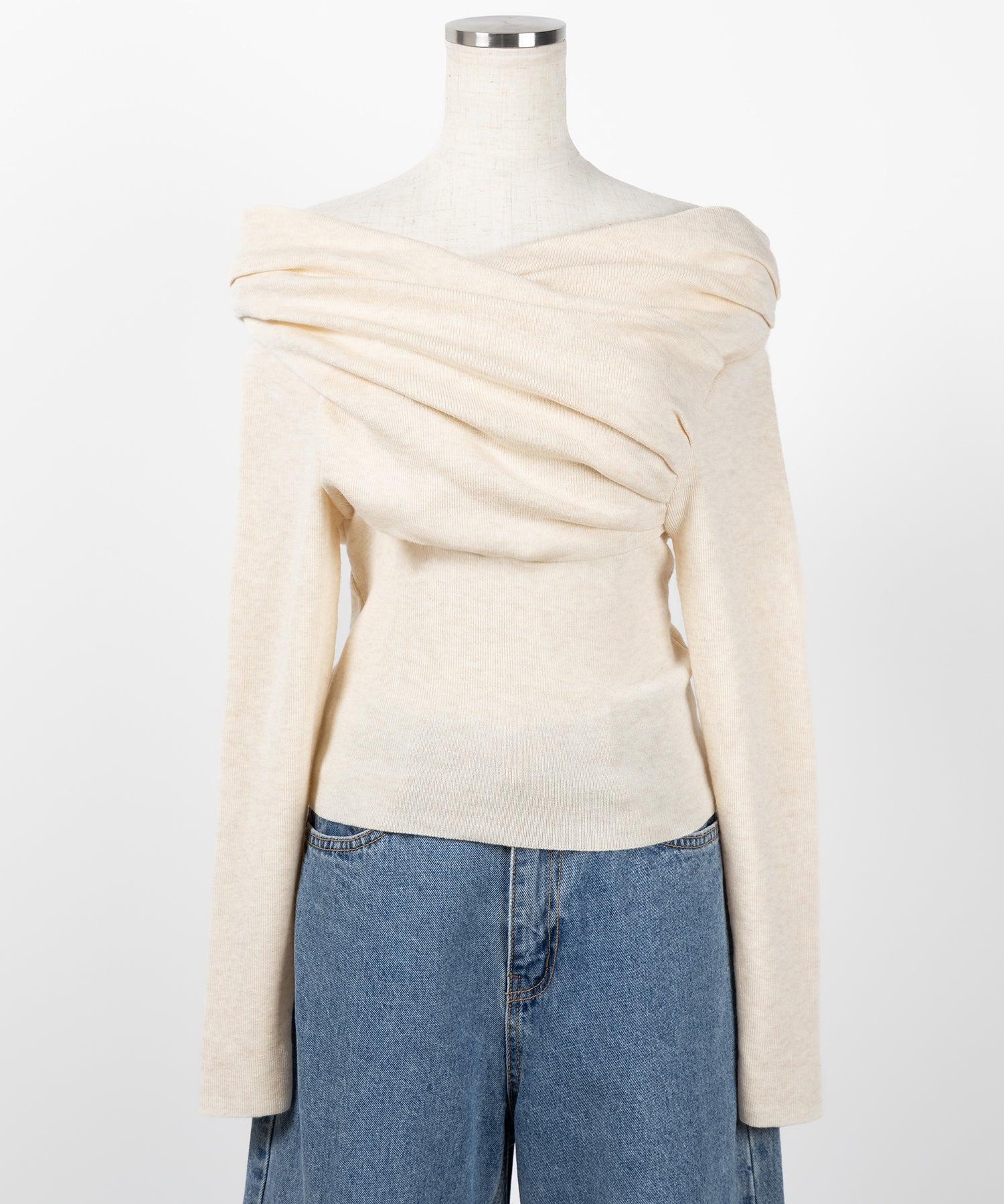 タックデザインドレープオフショルダーリブニット