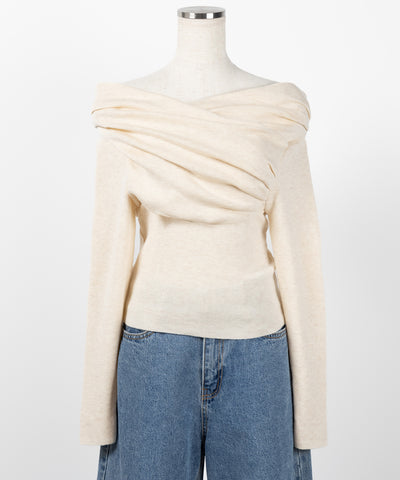 タックデザインドレープオフショルダーリブニット